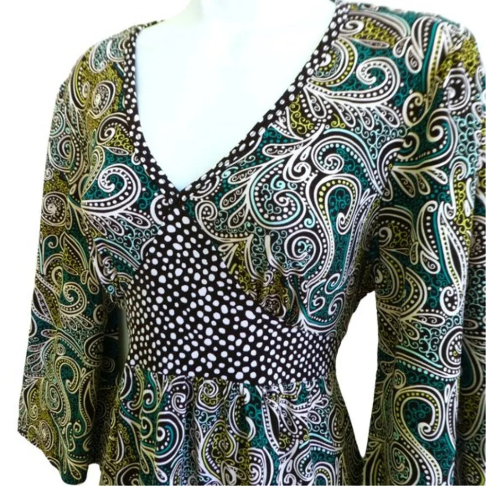 Vintage USA Carole Little Blouse Mixed Contrast Paisley Polka Dot Tie Back L